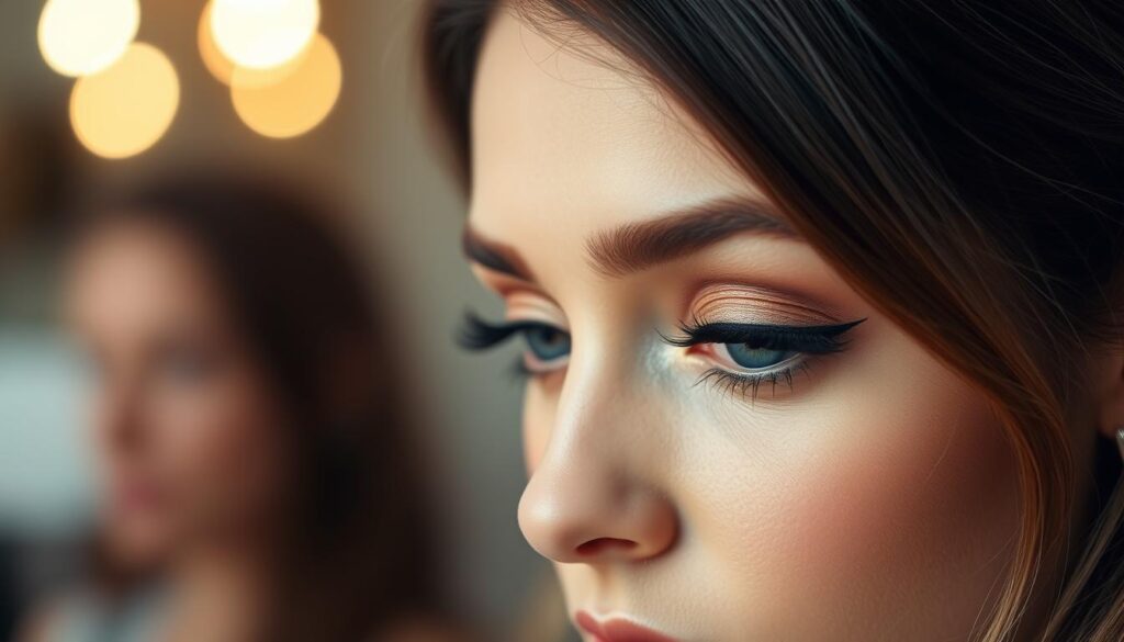 A close-up view of a woman's face, beautifully lit with soft, diffused lighting, showcasing the intricate eye makeup techniques for beginners. The foreground features the model's eyes, with expertly applied eyeshadow, eyeliner, and mascara, creating a natural yet defined look. The middle ground showcases the model's carefully shaped eyebrows, and the background blurs softly, creating a sense of depth and focus on the eye area. The overall mood is one of elegance, simplicity, and a touch of glamour, inviting the viewer to explore the step-by-step process of creating this effortless, beginner-friendly eye makeup look.