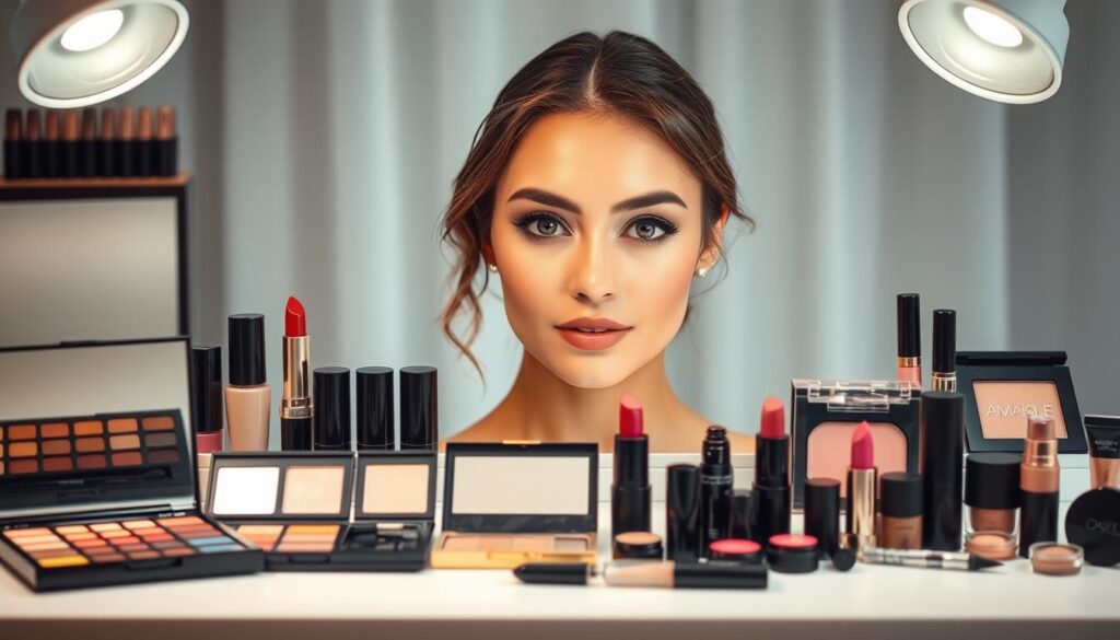 A flattering makeup display featuring a diverse array of cosmetic products and application techniques for various occasions. In the foreground, a well-lit vanity table showcases a refined arrangement of high-quality eyeshadow palettes, lipsticks, blushes, and other essential makeup items. The middle ground depicts a model with glowing, natural-looking skin, effortlessly blended eyeshadow, and a statement lip color that complements their features. In the background, a soft, ethereal backdrop with a hint of bokeh effect creates a serene, professional atmosphere, emphasizing the artistry of the makeup presentation.